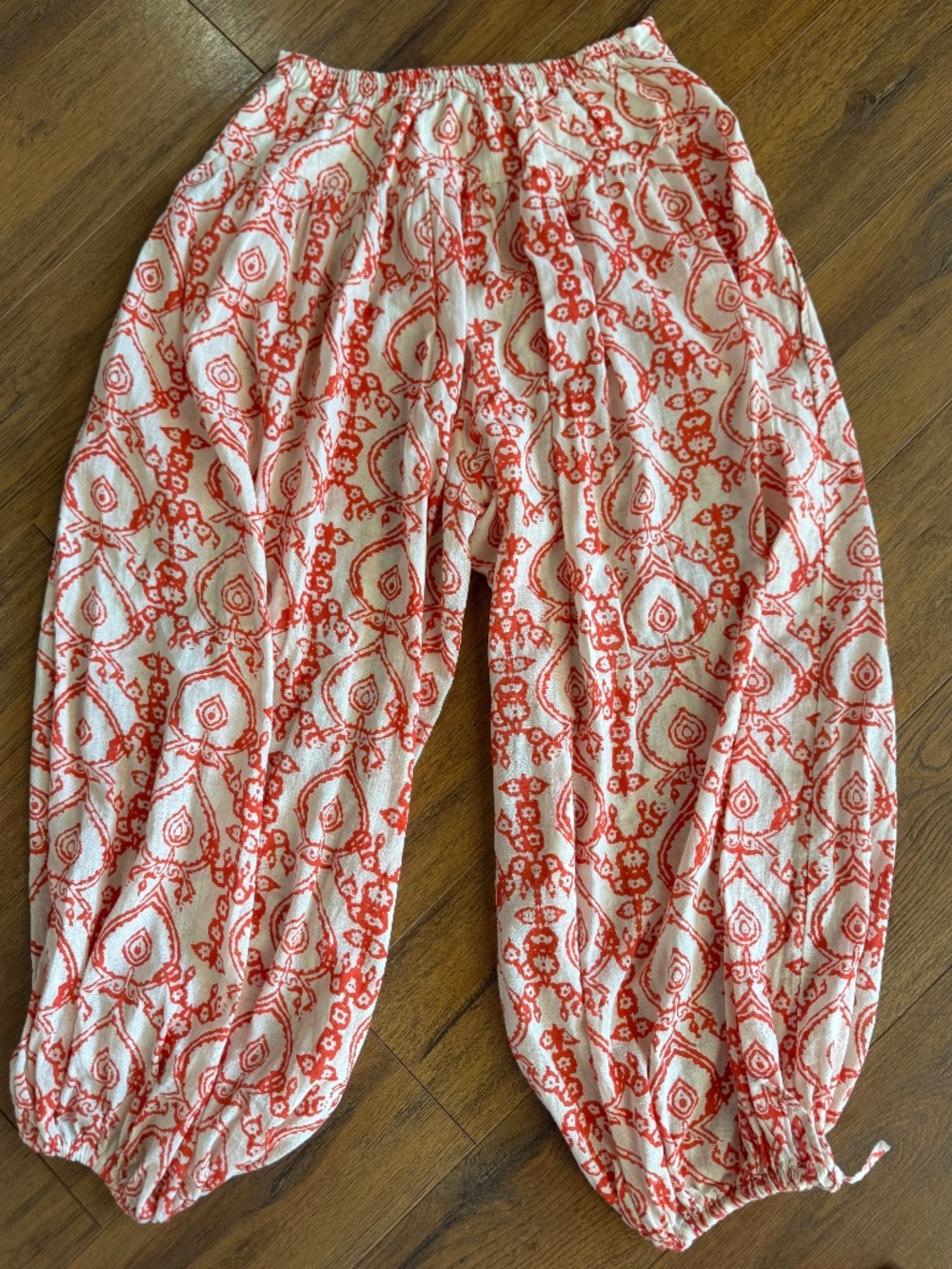 Free People Coral Red Print Balloon Harem Pants Boho Cotton India Large - Picture 3 of 15